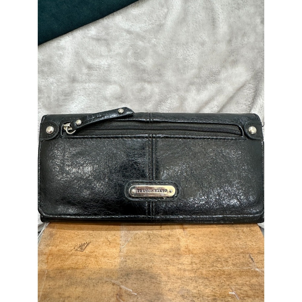 Franco Sarto Leather Wallet Women's Black Pockets Pre-Owned Zipper Folding